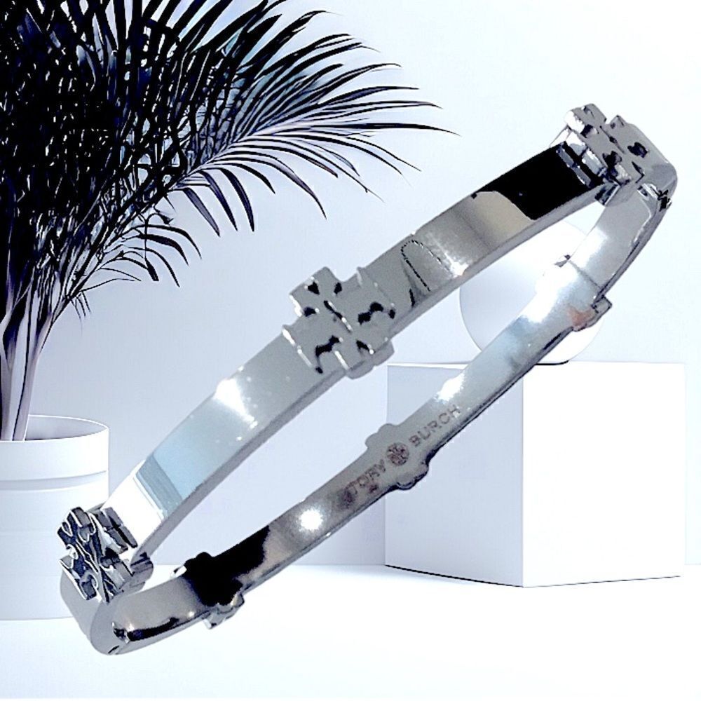 TORY BURCH STUDDED SILVER DOUBLE T LOGO BRACELET - Picture 2 of 4